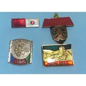 China, Great Wall ,Rickshaw,Flag + 4 Souvenir Travel Pins